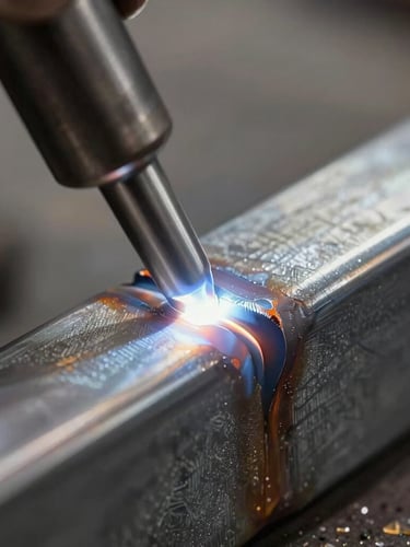 Macro close-up of a flawless TIG weld on raw hot-rolled steel, high-contrast side-lighting highlighting the millimetric precision of the joint.
