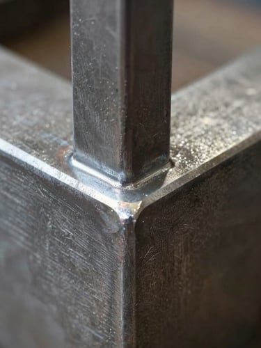 Extreme close-up of a razor-sharp mitered steel corner joint, industrial TIG weld ground flush, natural workshop light highlighting raw metal texture.