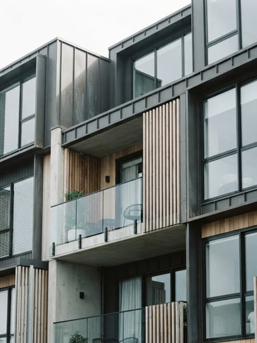 Crisp architectural crop of a modern multi-family property facade under bright natural overcast daylight, sharp focus, desaturated cool tones, 35mm.