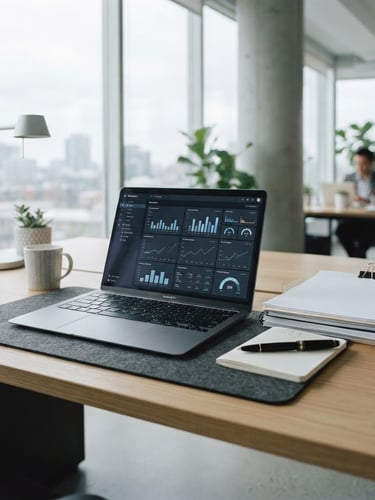 Wide panoramic shot of a modern, uncluttered accountant's desk, sleek laptop open to a financial dashboard, a few organized documents, and a pen, bathed in bright natural overcast daylight, sharp focus, 35mm.