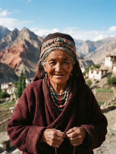 Close-up portrait of a Ladakhi elder in traditional wool attire, weathered face, warm natural high-altitude sunlight, dramatic mountain backdrop, 35mm film style.