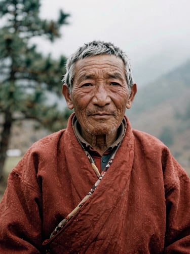 Intimate portrait of an indigenous Himalayan elder in traditional woolen attire, weathered face reflecting decades of mountain life, soft natural overcast mist lighting, rich textures, 35mm film.