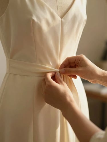 Close-up of hands carefully pinning a cream silk dress on a tailor mannequin in a sunlit studio, warm golden hour light, shallow depth of field, minimalist aesthetic