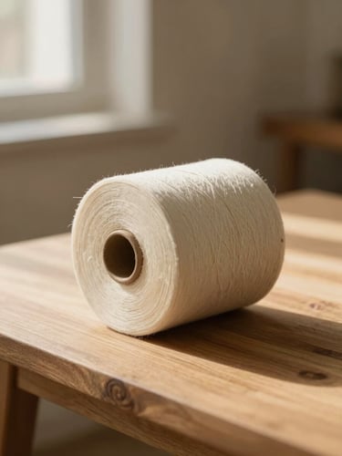 A roll of premium cream linen resting on a wooden cutting table in a sunlit studio, soft side-lit daylight, warm editorial fashion photography style.