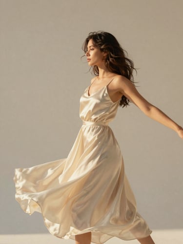A woman turning gracefully in a flowing cream silk dress, warm golden-hour daylight, soft neutral background, 35mm film style.