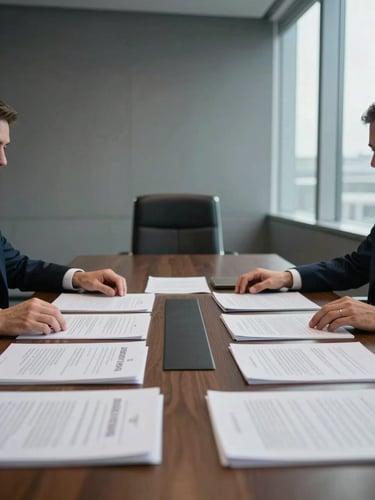 Wide environmental shot of a law firm conference table viewed from one end, legal documents spread across the surface under cool daylight from tall windows on the right, two sets of dark-suited arms partially visible reaching toward the documents mid-review, neutral charcoal background, serious and deliberate atmosphere