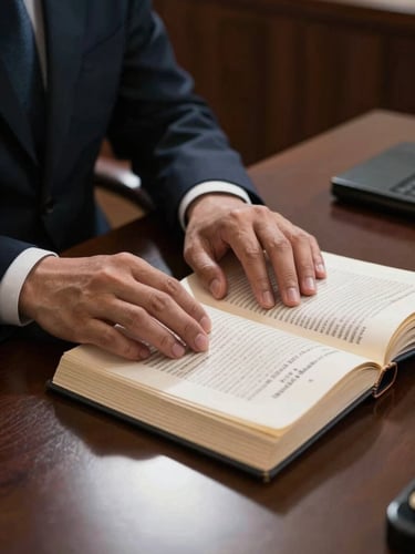 Close-up environmental shot inside a law office, a lawyer's hands in dark suit sleeves pressing down on a thick Vietnamese criminal code volume open on a conference table, harsh directional studio lighting from the upper left casting strong shadows, deep navy and charcoal tones, no faces visible