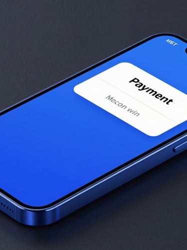 Sleek isometric mockup of a digital payment confirmation on a smartphone screen, crisp electric blue interface, cool studio lighting, dark slate background, high contrast