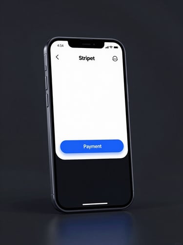 Sleek mobile screen showing a clean Stripe payment confirmation interface, electric blue accent glow, dark slate background, high contrast studio lighting.
