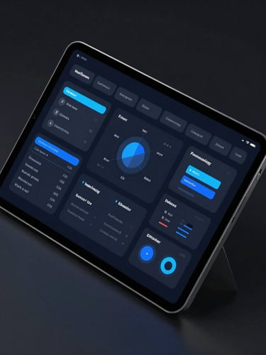 Sleek isometric mockup of a dark-mode dashboard on a modern tablet screen, electric blue UI elements, high-contrast studio lighting, dark background, sharp focus