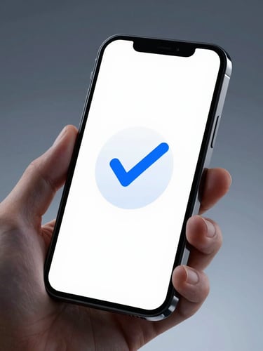 Close-up macro of a hand holding a modern smartphone showing a successful payment confirmation screen with an electric blue checkmark, cool studio lighting, high contrast