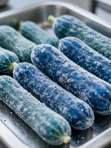 Crisp studio food photography of frozen premium vegetables in a stainless steel professional kitchen, bright cool-toned clinical lighting, sharp macro focus, 50mm