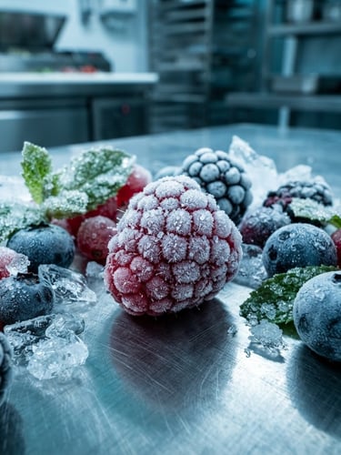 Macro studio shot of perfectly frosted premium frozen ingredients in a clean stainless-steel professional kitchen, bright cool-toned clinical lighting, crisp shadows