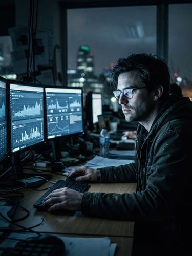 Gritty editorial photography of a dark London workspace, cool blue screen glow lighting a media buyer analyzing real-time performance dashboards, sharp 35mm lens, high contrast.