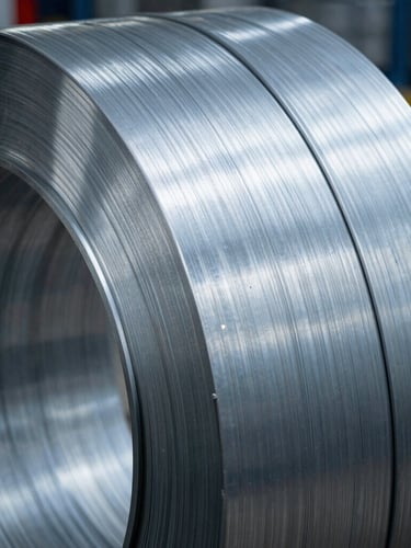 Extreme close-up of cold-rolled stainless steel coil, metallic silver textures, high-contrast industrial lighting with cold blue-gray tones, raw steel surface.