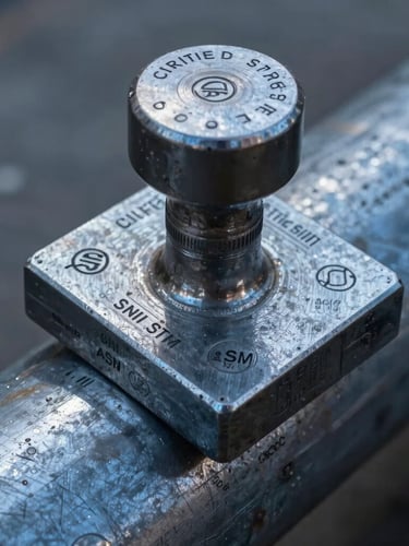 Extreme close-up of a mill stamp on a raw carbon steel pipe, showing certified SNI and ASTM markings, cold industrial blue-gray lighting, sharp metal texture.