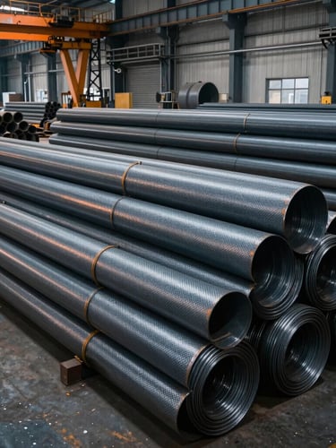 Wide angle shot of a massive industrial warehouse filled with neatly stacked heavy-duty carbon steel pipes and raw steel coils, cold blue-gray lighting with warm safety orange highlights, industrial crane in background