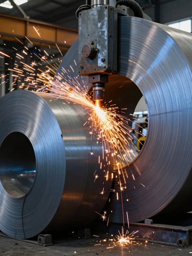 High-contrast industrial shot of a heavy-duty steel cutting machine throwing bright orange sparks against cold blue-gray raw steel coils in a massive workshop.