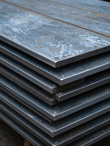 Extreme close-up of heavy-gauge raw carbon steel plates stacked in an industrial warehouse, cold blue-gray lighting, visible mill stamps and textures