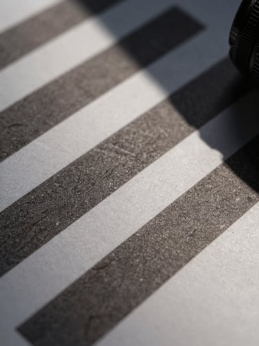 Extreme close-up of printed brand collateral showing paper grain, high-contrast architectural shadows