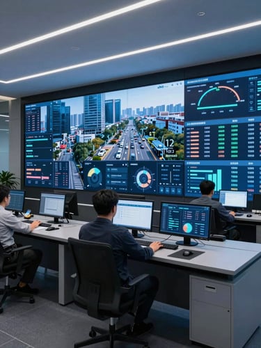 Modern smart city control room, wide video wall displaying real-time traffic analytics, cool blue ambient light, clean workspace.