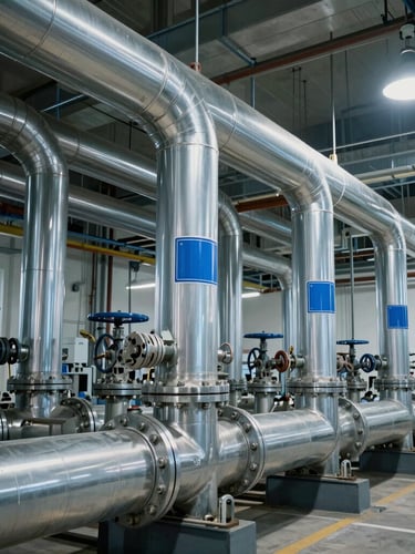 Heavy-duty mechanical plant room, massive insulated steel pipes with clean blue and silver labeling, industrial valves, cool architectural lighting.