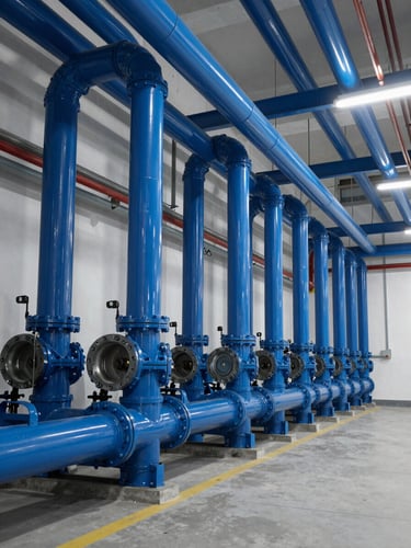 Wide-angle crisp architectural shot of a pristine, high-scale mechanical room with perfectly aligned blue piping and clean industrial conduits under cool lighting.