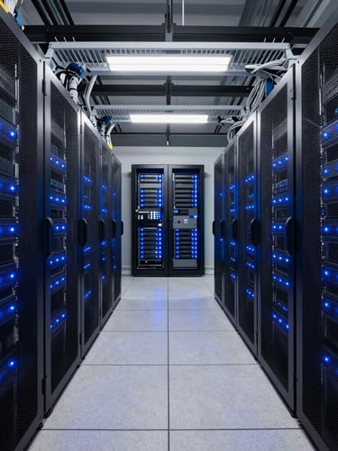 Pristine server racks in a modern data center, glowing blue LED indicators, clean overhead cable trays, symmetrical wide-angle perspective.