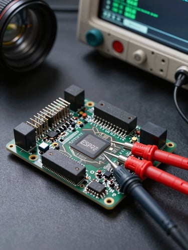 Overhead close-up of an ESP32 microcontroller board on a dark workbench, oscilloscope probes clipped to exposed pins, terminal output visible on a nearby screen in the background, high-contrast lab lighting, sharp component detail
