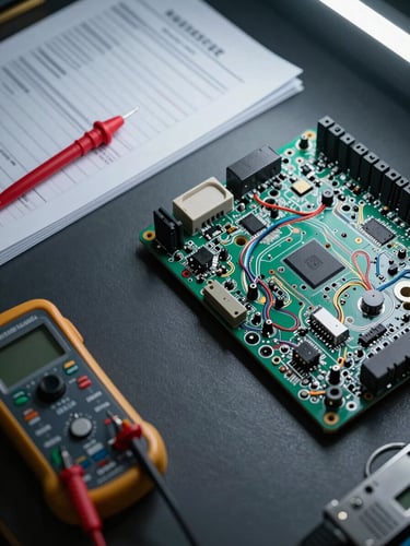 Wide panoramic overhead view of a hardware workbench, a microcontroller board with visible traces and soldering points occupying the right two-thirds of the frame, technical datasheets and a multimeter probe resting alongside under cold white lab lighting, dark matte surface beneath
