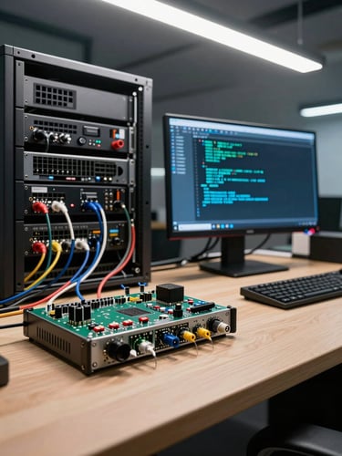 Wide shot of a hardware workbench from a low angle: server rack cables in the background, a Raspberry Pi and logic analyzer in the foreground, a monitor showing cyan terminal output with syntax-highlighted code, high-contrast overhead lab lighting, no people