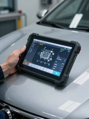 Close-up of a technician's hand holding a digital diagnostic tablet showing engine telemetry, bright LED workshop lighting reflecting on a clean metallic car hood, sharp focus.
