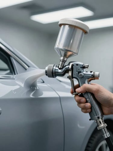 Close-up of a high-precision paint spray gun applying a flawless metallic grey coat to a car panel under bright, clean workshop LED lights.