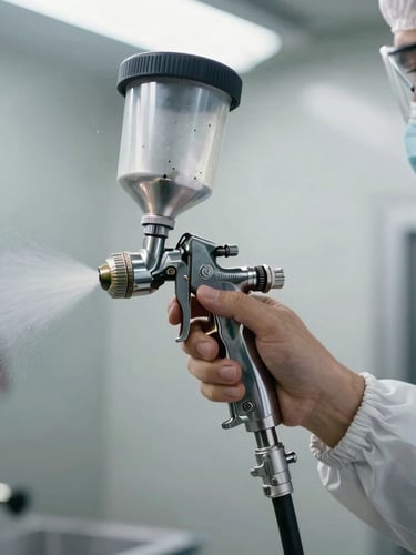Close-up of a technician in a clean uniform using a high-precision spray gun inside a brightly lit paint booth, fine mist of metallic paint catching the LED light, pristine focus on the nozzle