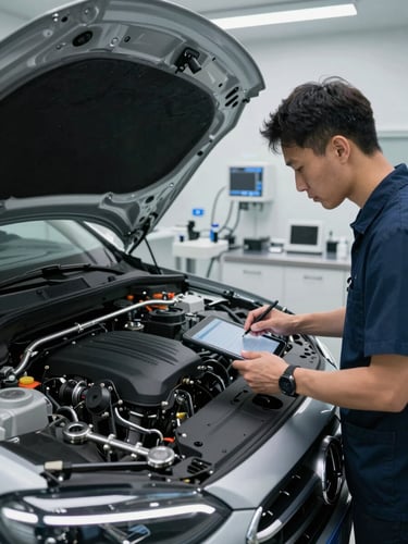 Brightly lit modern diagnostic bay with a technician using a tablet connected to a premium car's engine bay, clean steel tools nearby, LED workshop lighting