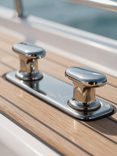 Close-up of polished stainless steel yacht cleats and immaculate teak deck reflecting bright midday sun, clean lines, minimalist composition.