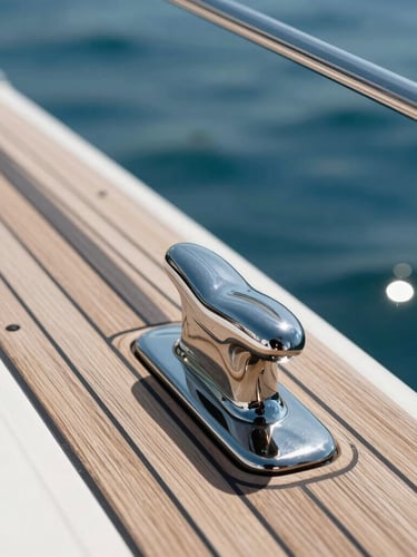 Macro close-up of a luxury yacht's gleaming chrome cleats and pristine teak decking, high-contrast midday sun reflecting off deep blue water.