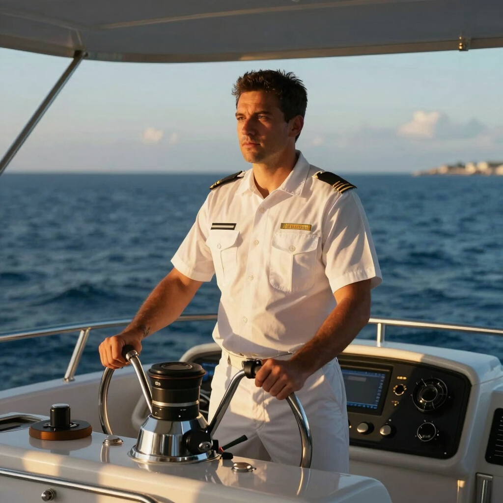 A professional yacht captain in a clean white uniform standing at the helm, warm golden hour light illuminating the modern dashboard and deep blue gulf water outside, cinematic framing.