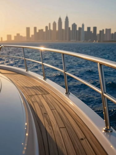 Gleaming teak deck of a luxury yacht cruising the deep blue Arabian Gulf at sunset, golden hour light reflecting off polished stainless steel railings, Dubai skyline softly blurred in the background.