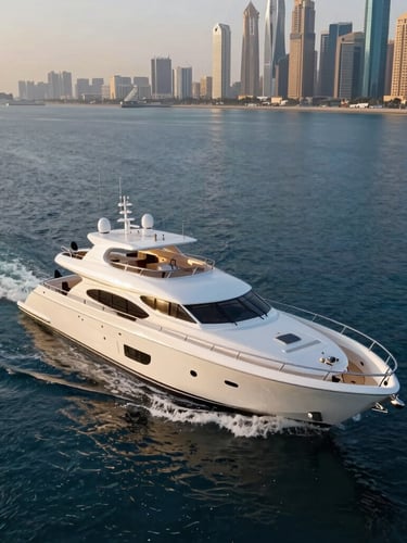 Heroic wide-angle drone shot of a pristine Sovereign superyacht cruising the deep blue Arabian Gulf at golden hour, polished white hull cutting through clean water, Dubai Marina skyline softly out of focus in the background.