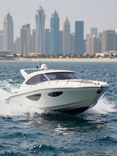 Sleek white luxury speedboat cutting through deep blue Gulf water at high speed, midday sun reflecting off the spray, Dubai skyline softly blurred in the background.