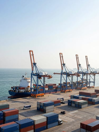 Bright, high-key photograph of a bustling Mumbai port terminal at sunrise, with container ships and cranes, wide-angle lens, crisp ocean blues and steel greys, sharp focus.