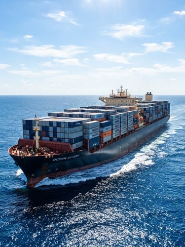 Wide-angle shot of a massive container ship loaded with blue and grey containers navigating open ocean under bright, high-key midday sun, crisp blue water.
