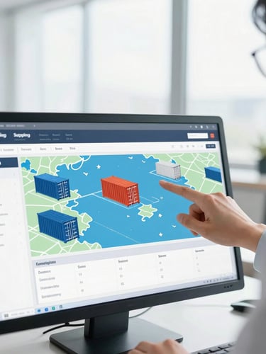 Close-up of a logistics coordinator analyzing a digital shipping dashboard with container tracking maps under bright office daylight, clean and professional.