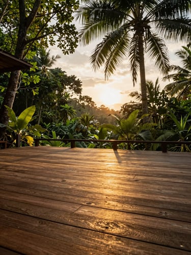 Wide environmental shot of a secluded tropical resort terrace at golden hour, wooden deck extending into lush forest, warm amber light flooding across the boards, no people, open horizon visible through the tree line, shot from low angle to emphasise space and openness