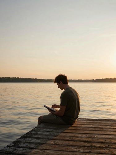 Matty as a lone figure seated on a weathered wooden dock at golden hour, journal open on his knee, wide lake stretching behind him, warm amber light across the water's surface, framed from the side with generous sky above