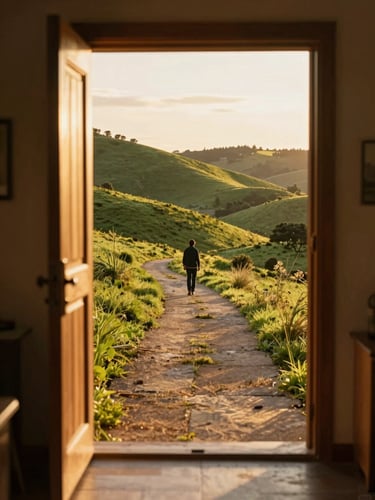 Wide environmental shot looking out through an open wooden door frame onto a sunlit hillside path at golden hour, warm amber light flooding the threshold, lush green landscape stretching into the distance, figure standing just beyond the door facing outward into the light, shot from inside looking out