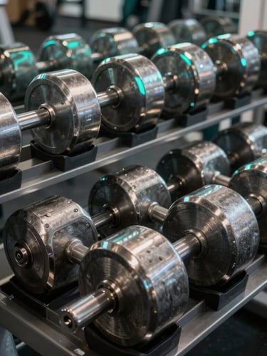 High-contrast interior photography of a modern athletic gym, heavy steel dumbbells aligned on a dark rack, subtle electric-teal LED glow reflecting off polished metal, shallow depth of field.