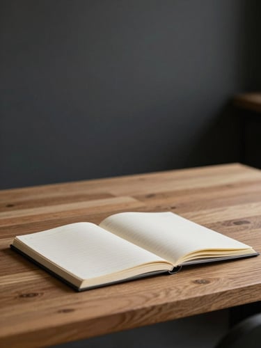Close-up of a minimalist study desk in a quiet library, soft focused task lighting, a single open notebook, warm wood textures contrasting with dark charcoal walls, shallow depth of field.