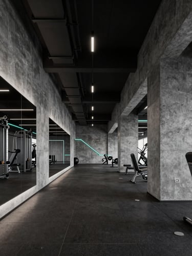 High-contrast architectural interior shot of a dark-mode premium athletic club, clean concrete lines, subtle electric-teal LED lighting accents, modern gym equipment visible in the background.